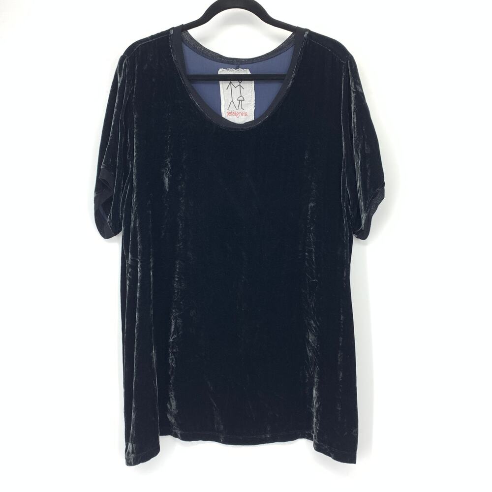 Johnny Was Pete & Greta Blouse M Black Rayon Silk Velvet Short Sleeve Soop Neck